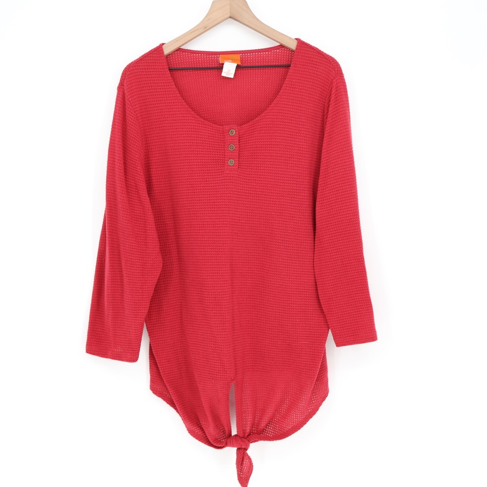 Hearts of Palm Woman Top Womens 1X Henley Red Tie Front Waffle Knit Excellent